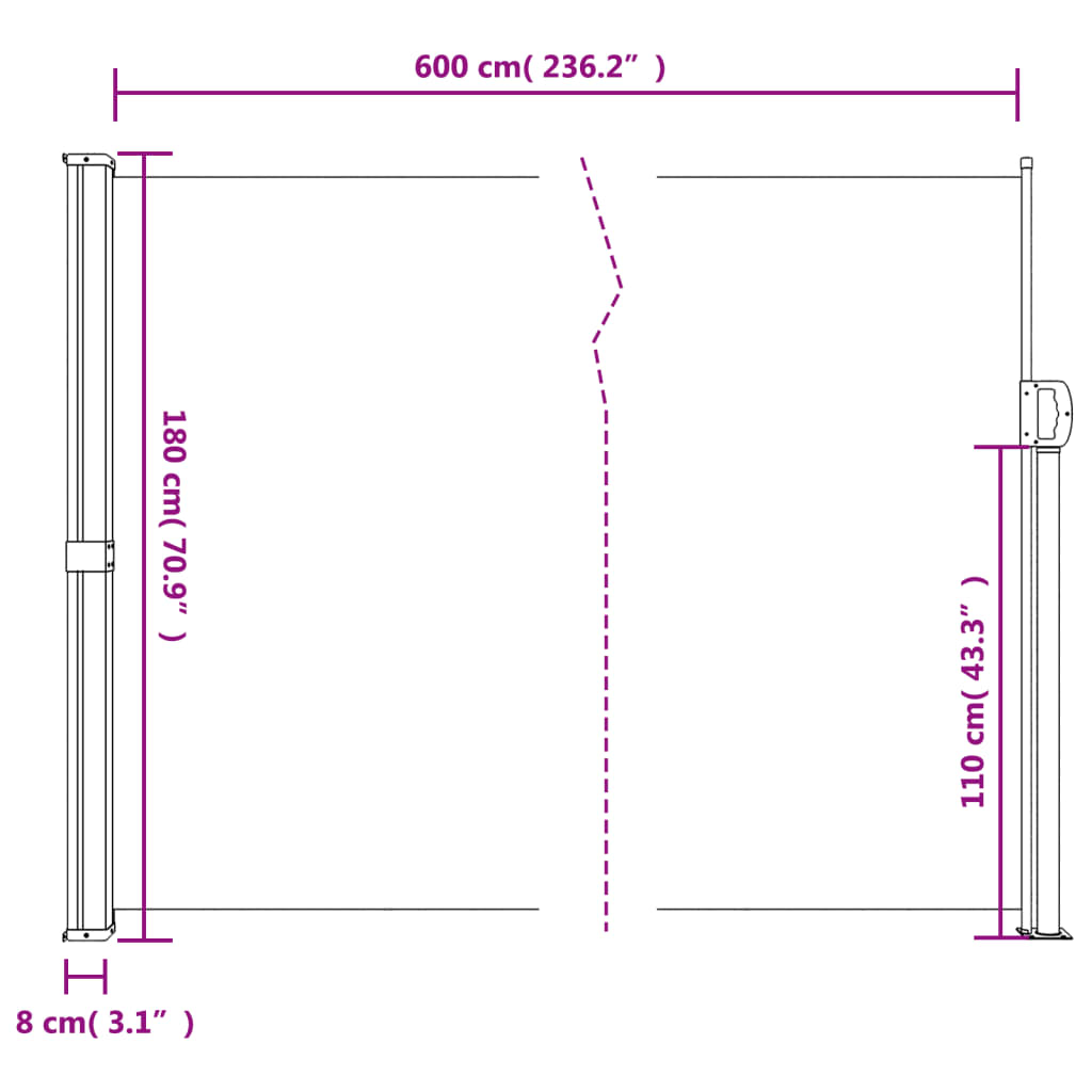 Zatahovací boční markýza bílá 180 x 600 cm