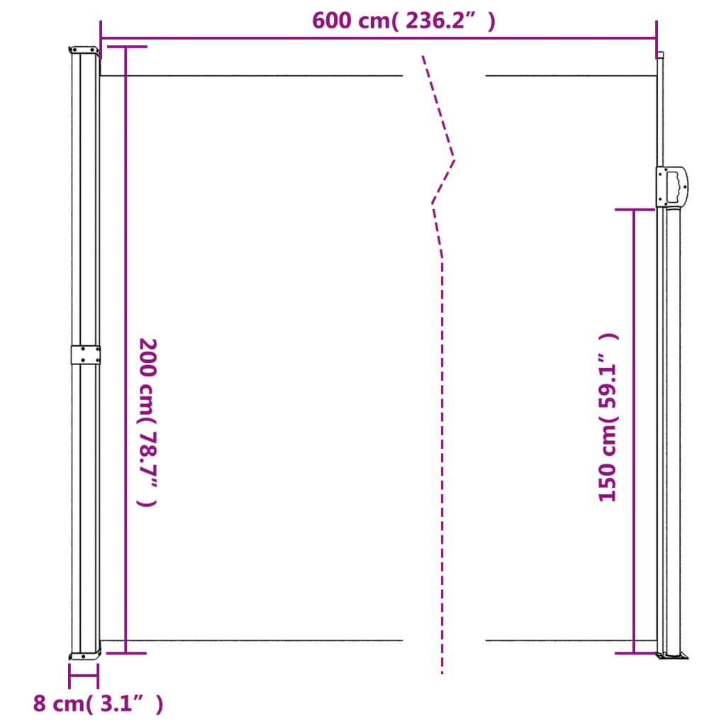 Zatahovací boční markýza červená 200 x 600 cm