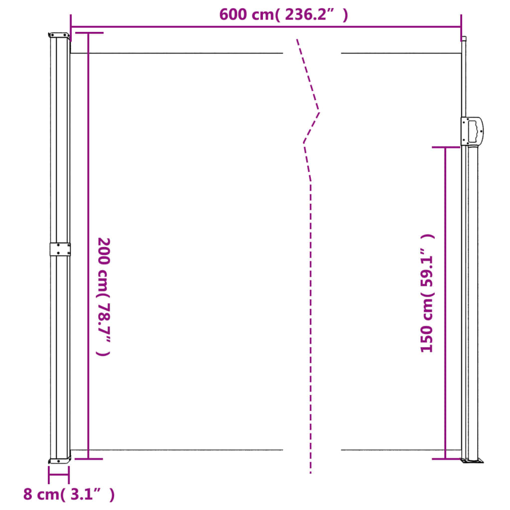 Zatahovací boční markýza terakotová 200 x 600 cm