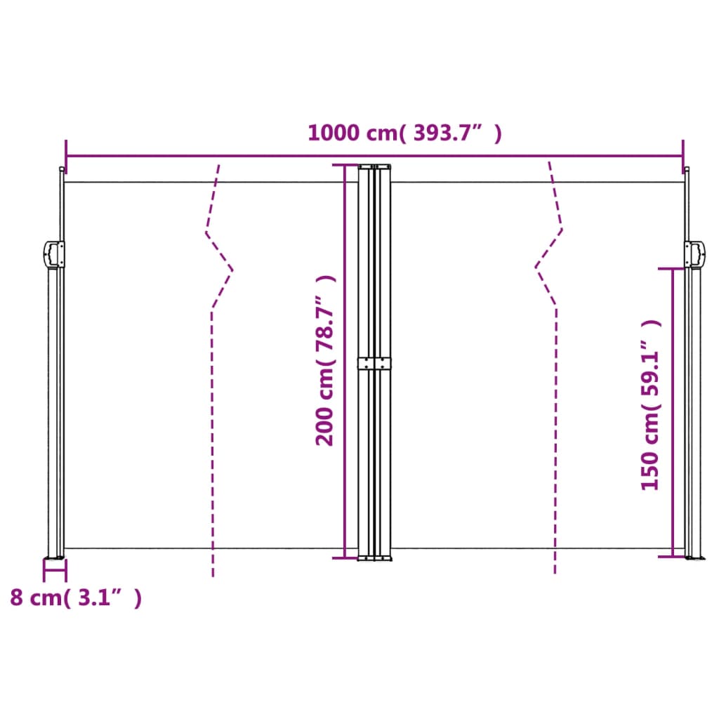 Zatahovací boční markýza bílá 200 x 1 000 cm