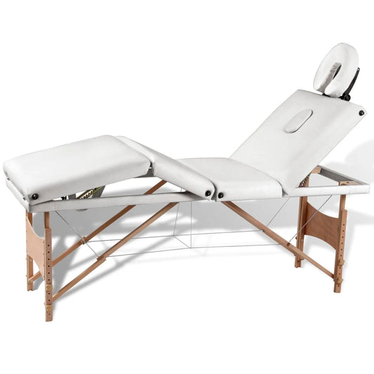 Krémově bílý skládací masážní stůl se 4 zónami a dřevěným rámem